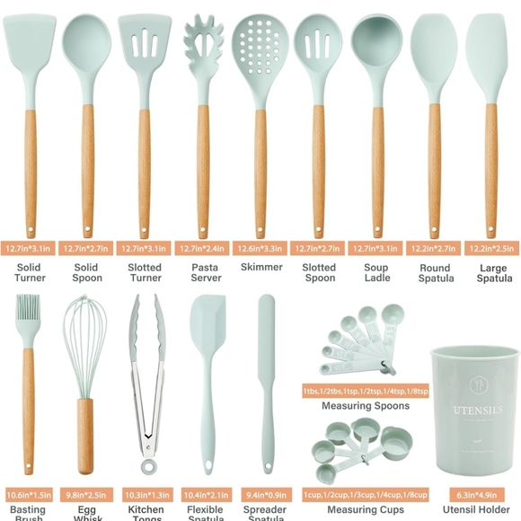 Silicone Kitchen Utensils Set, 26 pcs, Mint/Green - 12,67" L, 4,5" W, 4,5" H - Picture 5 of 15